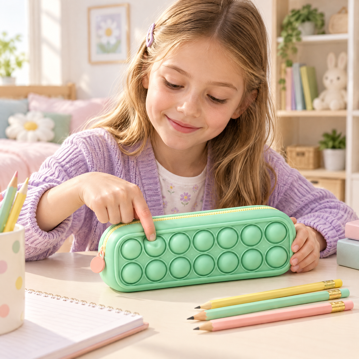 Pop bubble pencil case in everyday use