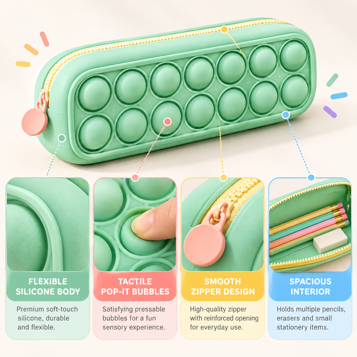 Silicone pencil case features and details