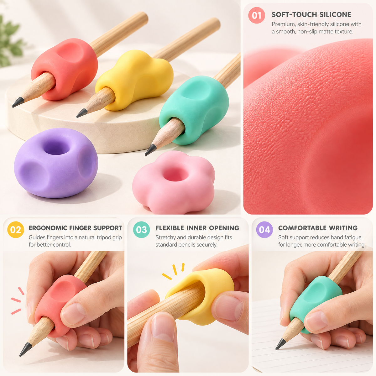 Melqavryn™ Ergonomic Silicone Pencil Grip Set features and details