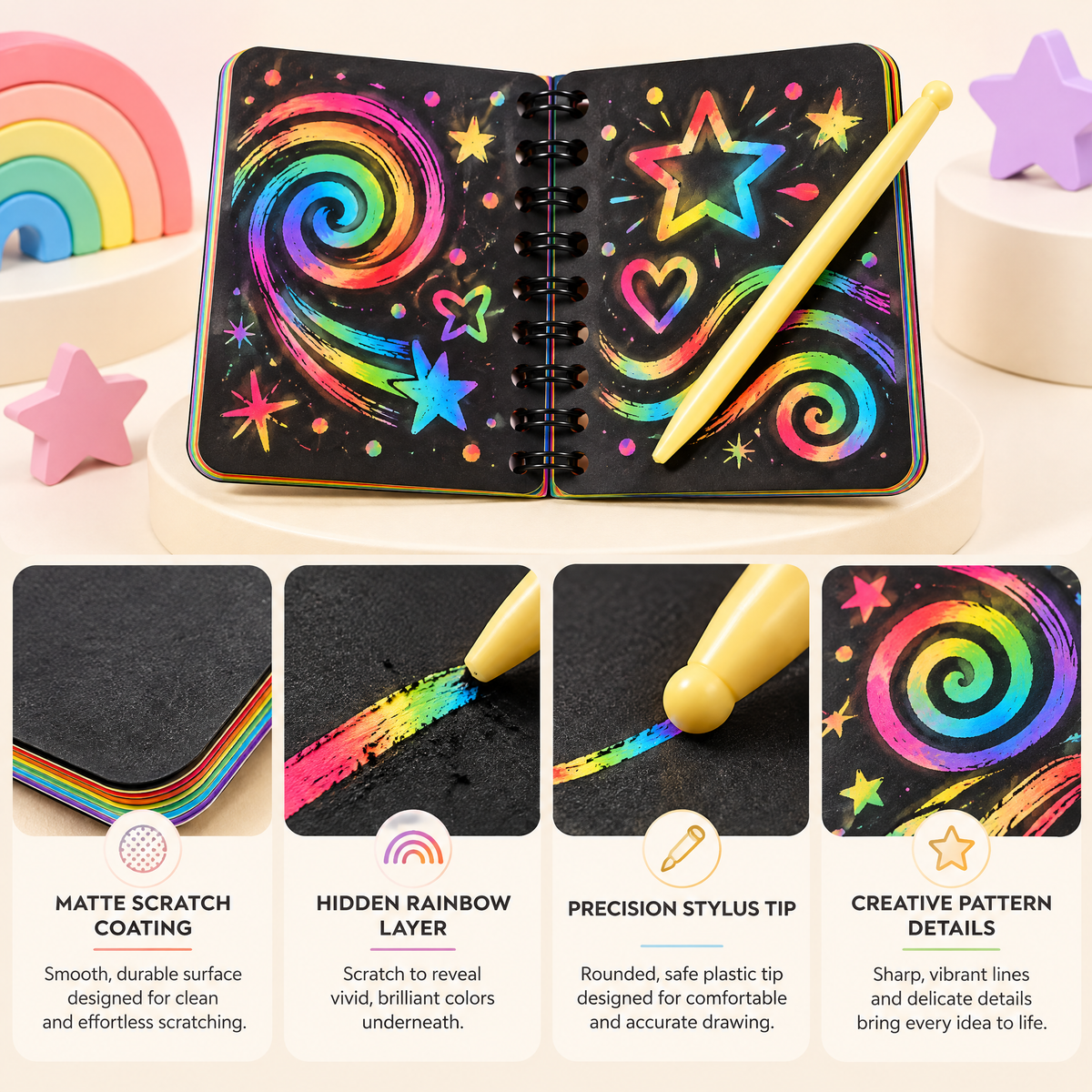 Melqavryn™ Rainbow Scratch Art Notebook features and details