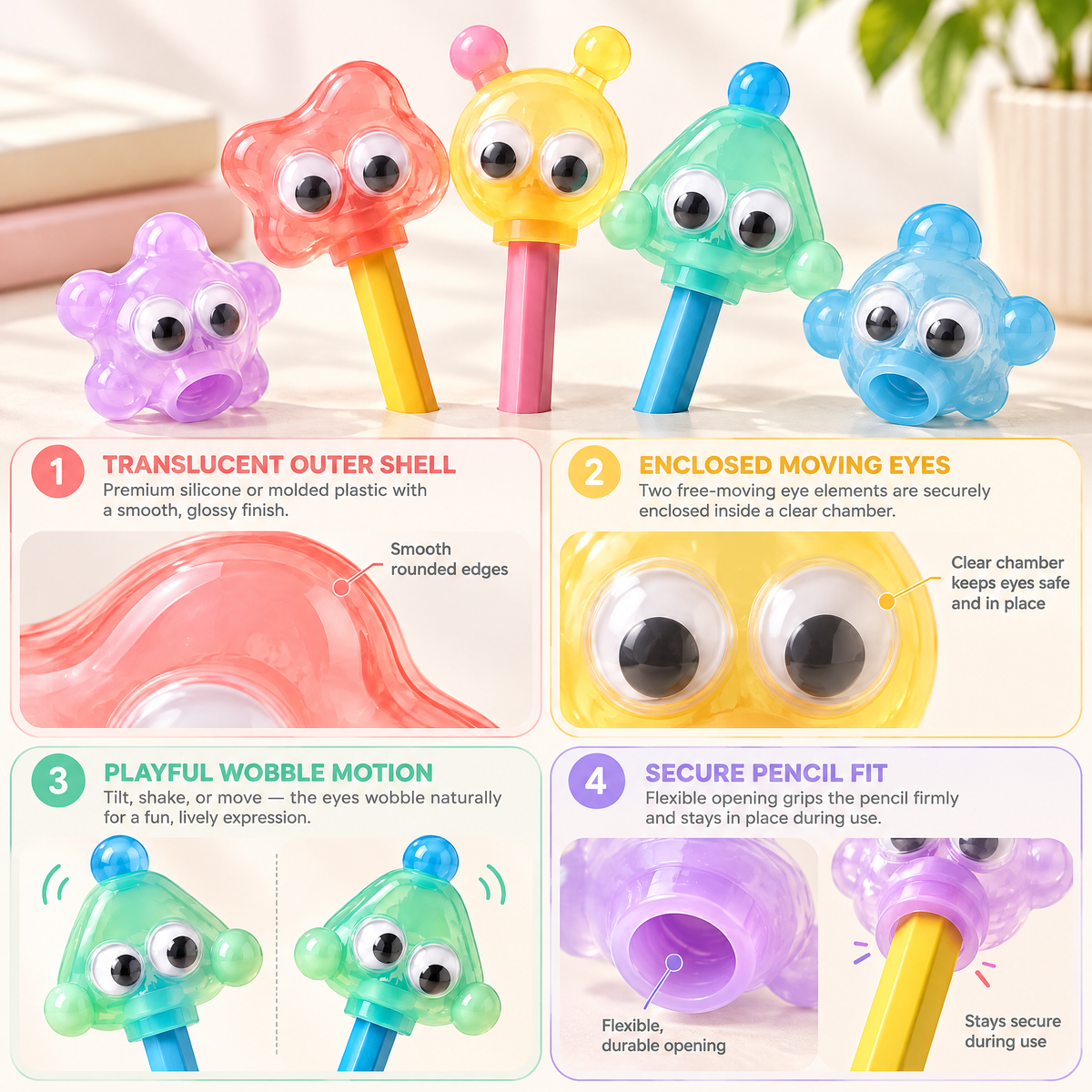 Melqavryn™ Googly Eye Pencil Topper Set features and details