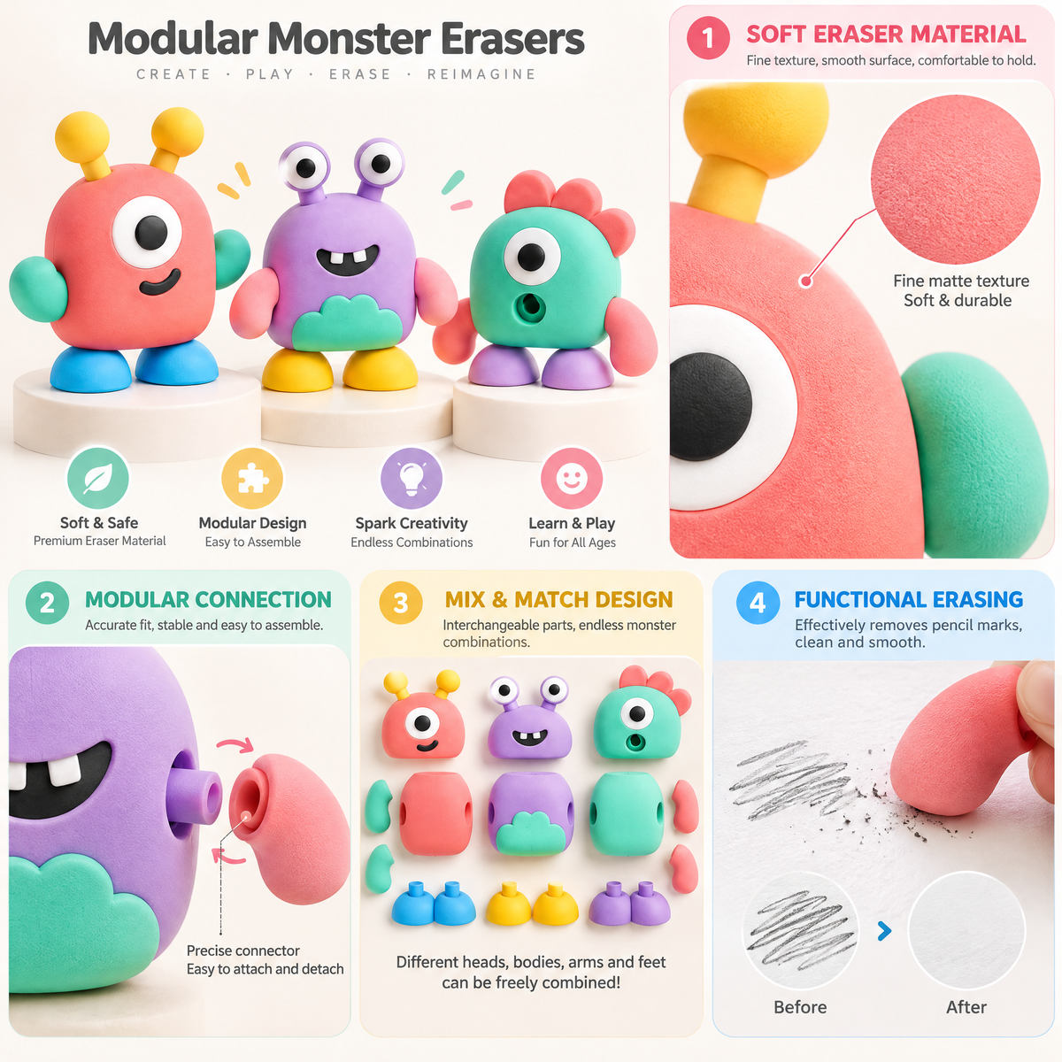 Melqavryn™ Build-Your-Own Monster Eraser Set features and details